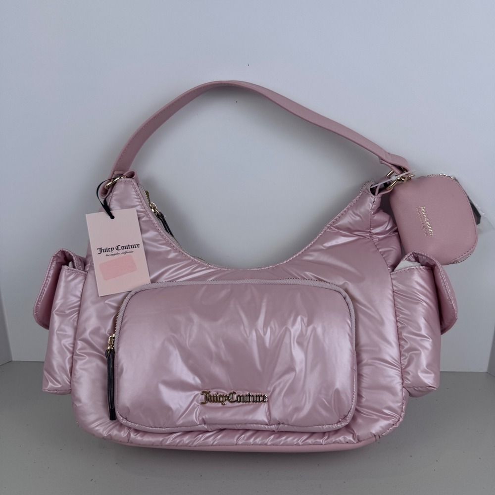 Juicy Couture Puffer Shoulder Bag Pink Quilted Y2K Hobo Handbag Coin Pouch NWT